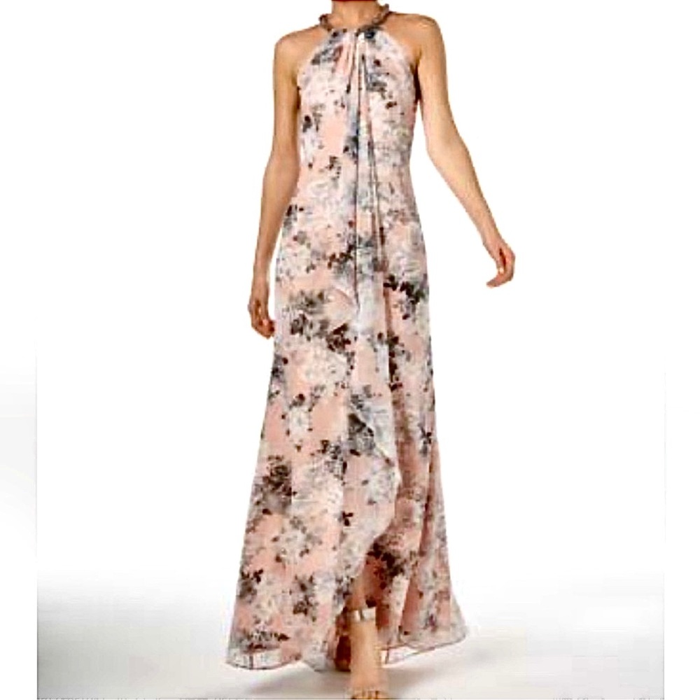 Calvin Klein pink/blush embellished halter neck floral dress.